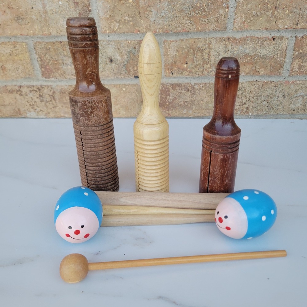Vintage Wooden Percussion Instrument Set Guiros Egg Shakers Rhythm Sticks 9pc